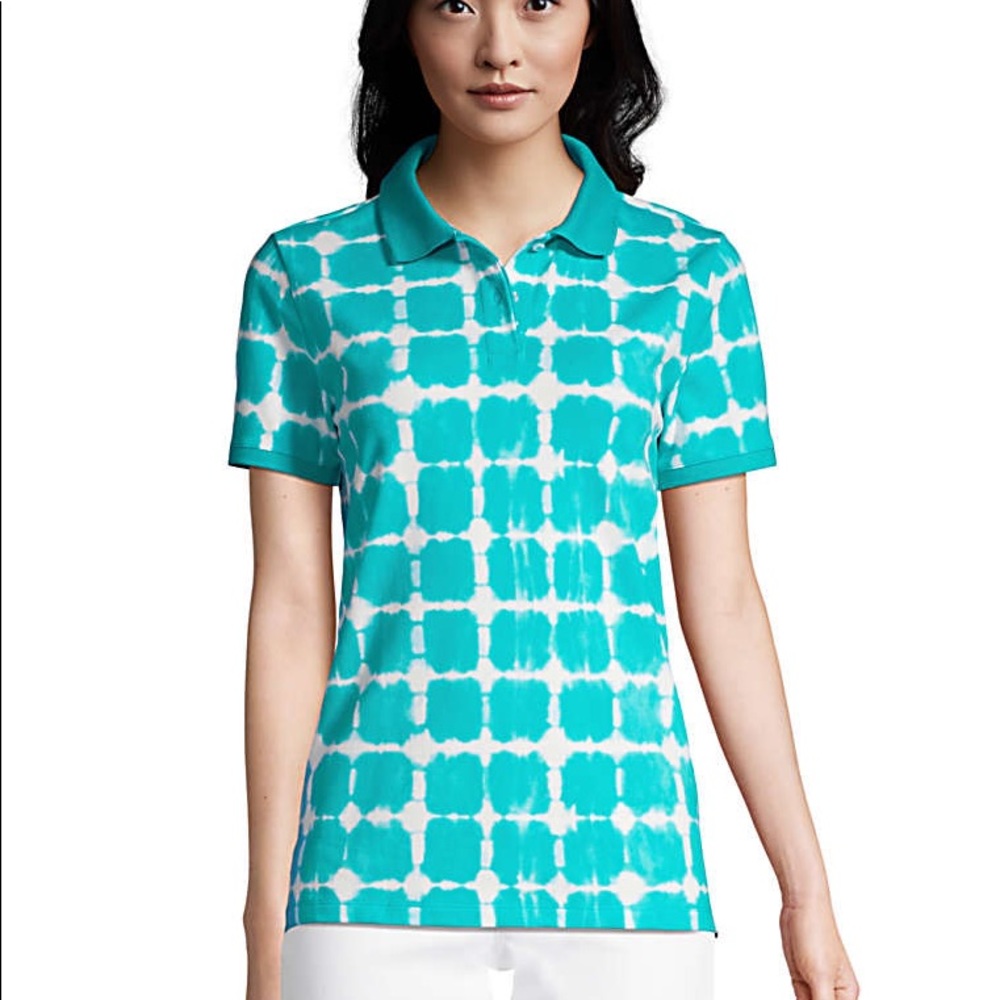 Lands’ End Aqua Tie Dye Plaid Polo Shirt